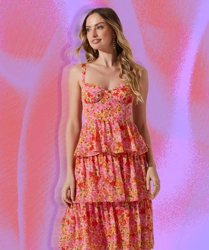 Bustier Top Floral Tiered Midi Dress for Parties — Tiered Dresses
