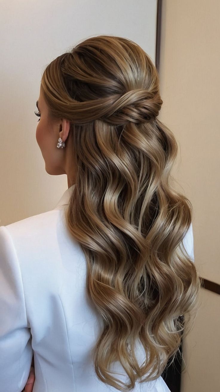 Honey Blonde Twisted Half-Up With Voluminous Waves — Half Up Half Down Medium Hair