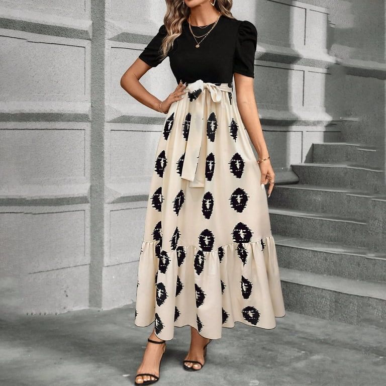 Black Puff Sleeve Top with Beige Abstract Print Skirt Black Puff Sleeve Top with Beige Abstract Print Skirt — Church Dresses
