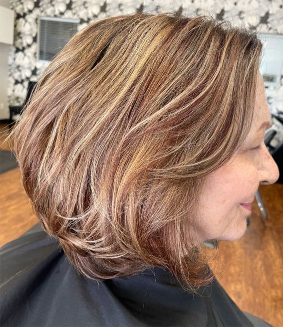 Warm Brown Bob With Blonde Red Highlights Warm Brown Bob With Blonde Red Highlights — Highlights Over 60