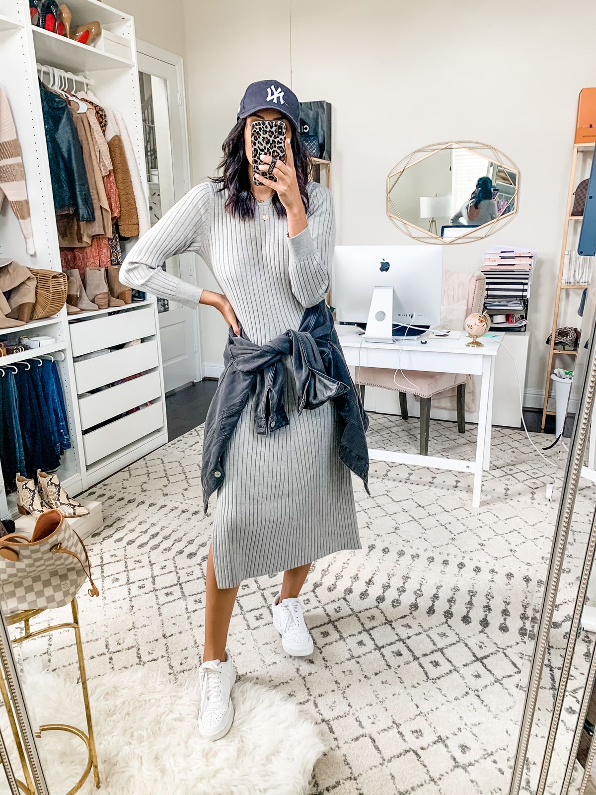Grey Ribbed Knit Midi Dress with Denim Jacket and White Sneakers — Midi Dress Outfits