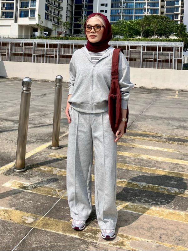 Casual Grey Layers with Burgundy Accents — Hijab Work Outfits