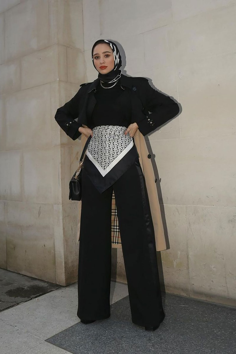 Black and White Striped Hijab with Trench Coat and Silk Scarf Accent — Hijab Outfits