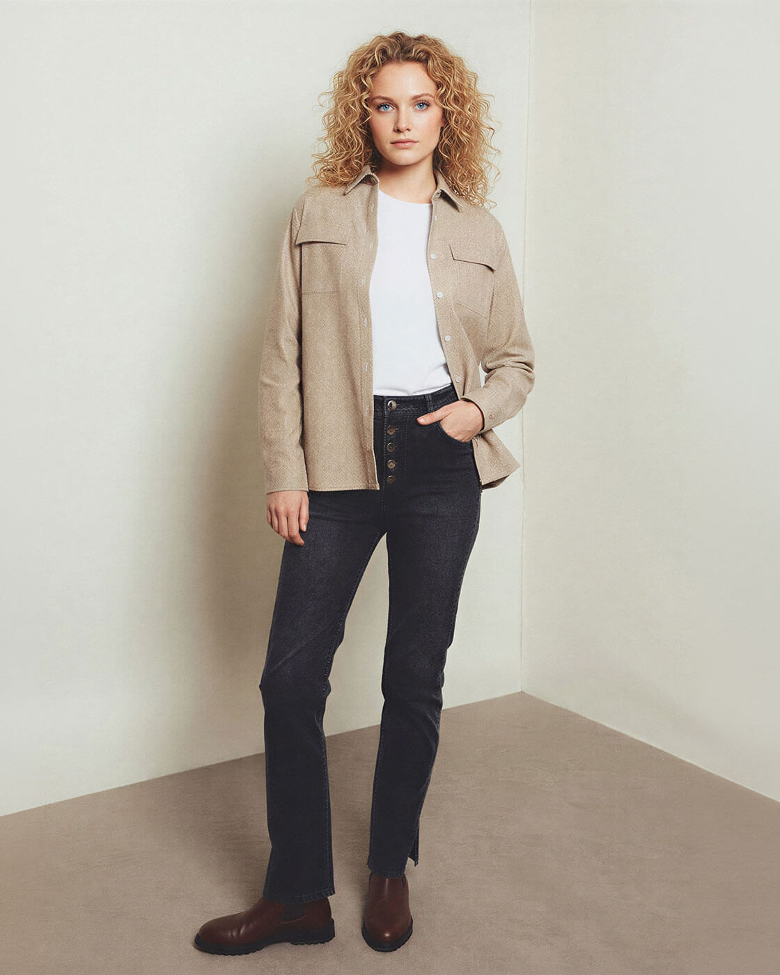 Layered Shirt Jacket and Button-Front Jeans with Ankle Boots — Dressy Casual Outfits