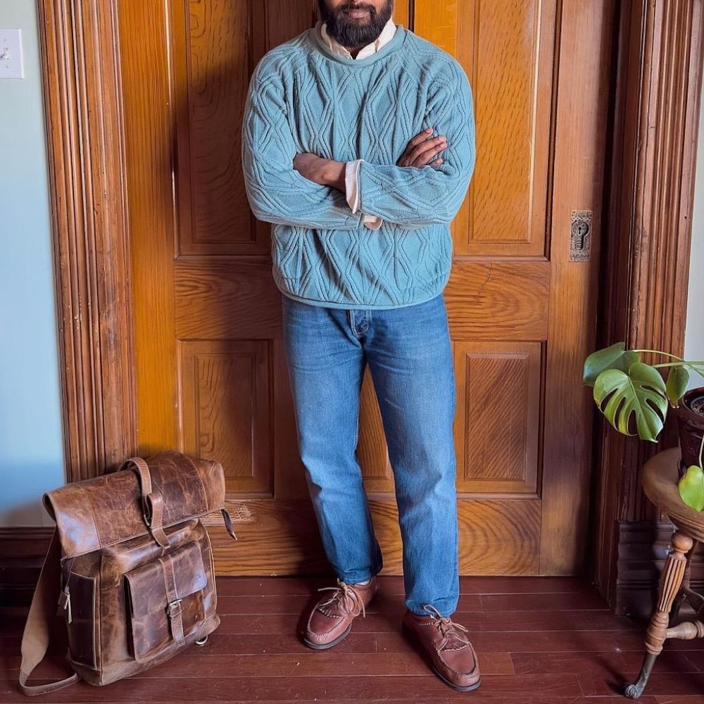 Cable-Knit Sweater with Leather Satchel Cable-Knit Sweater with Leather Satchel — Eclectic Grandpa Outfits