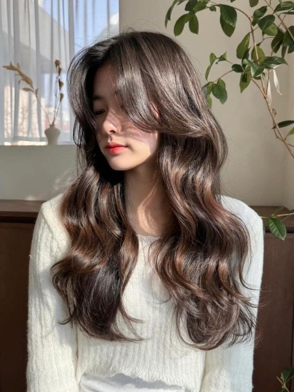 Dark Brown With Subtle Balayage Mid-Back Layers With Prominent Curtain Bangs — Hairstyles for Heart Shaped Faces
