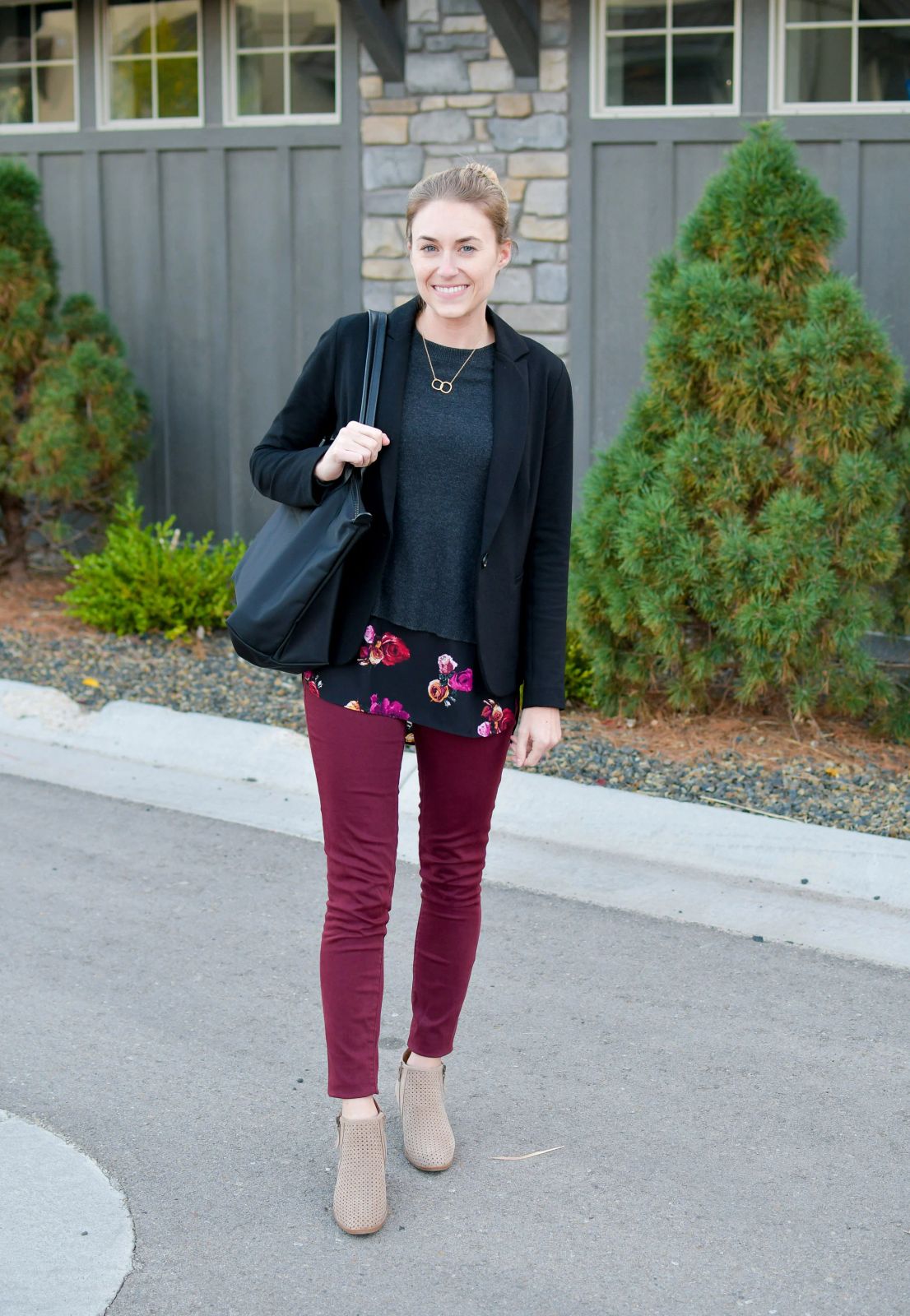 Black Blazer with Floral Peplum Top and Burgundy Skinny Trousers Black Blazer with Floral Peplum Top and Burgundy Skinny Trousers — Business Trip Outfits