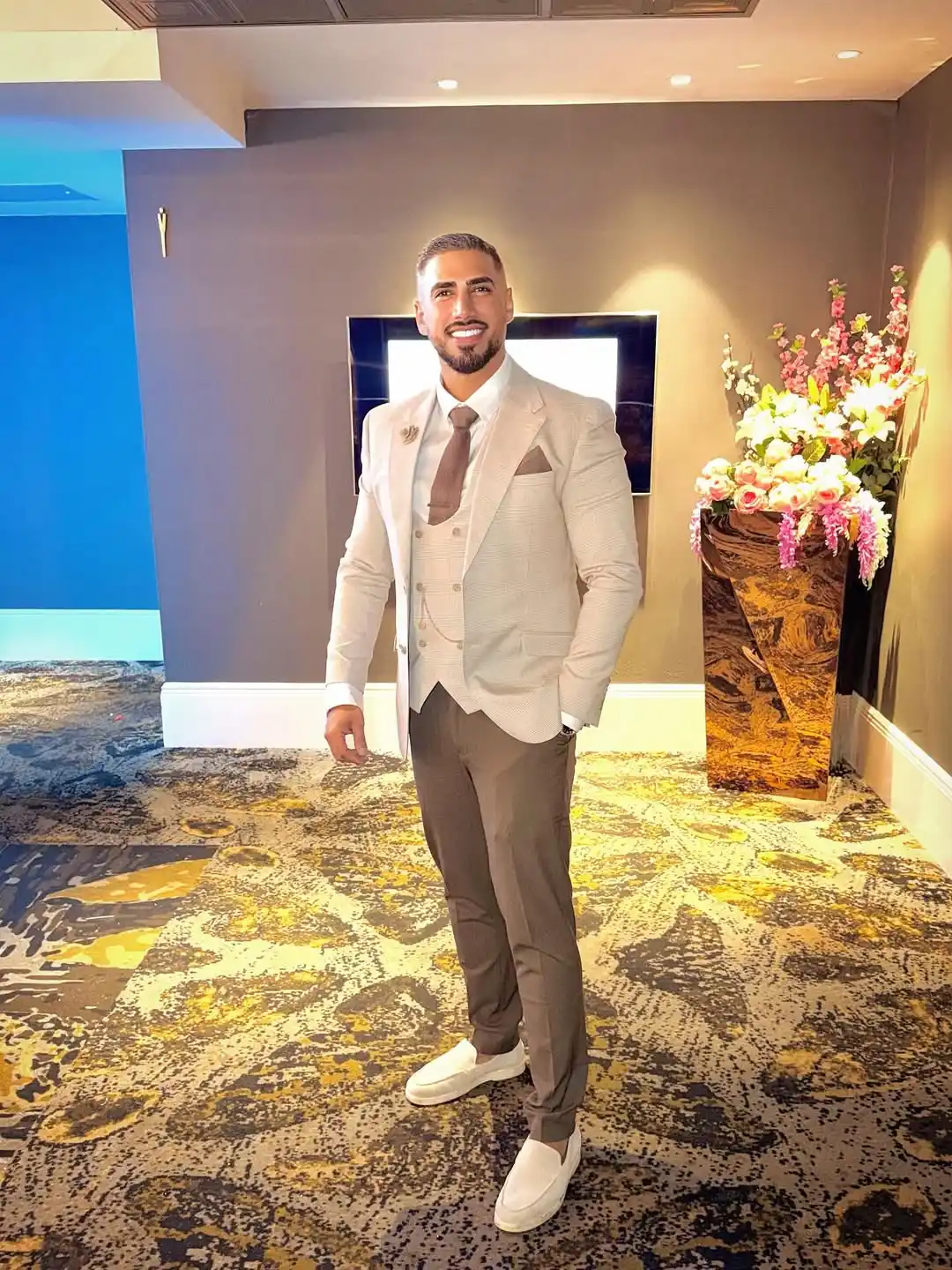 Textured Light Beige Three-Piece Suit Ensemble — Mens Wedding Guest Outfits