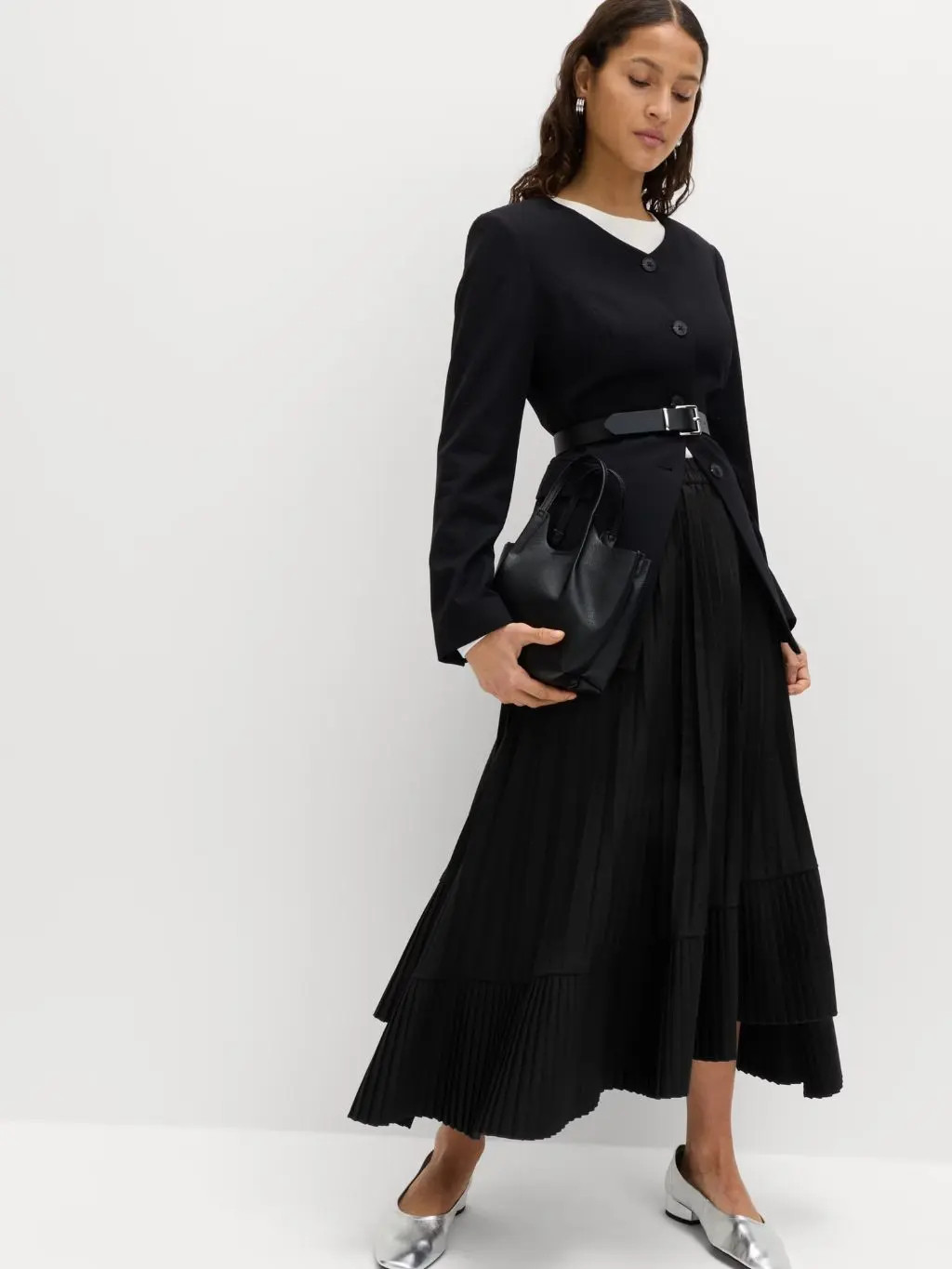 Pleated Midi Skirt with a Belt Over a Fitted Blazer — Belt Outfits