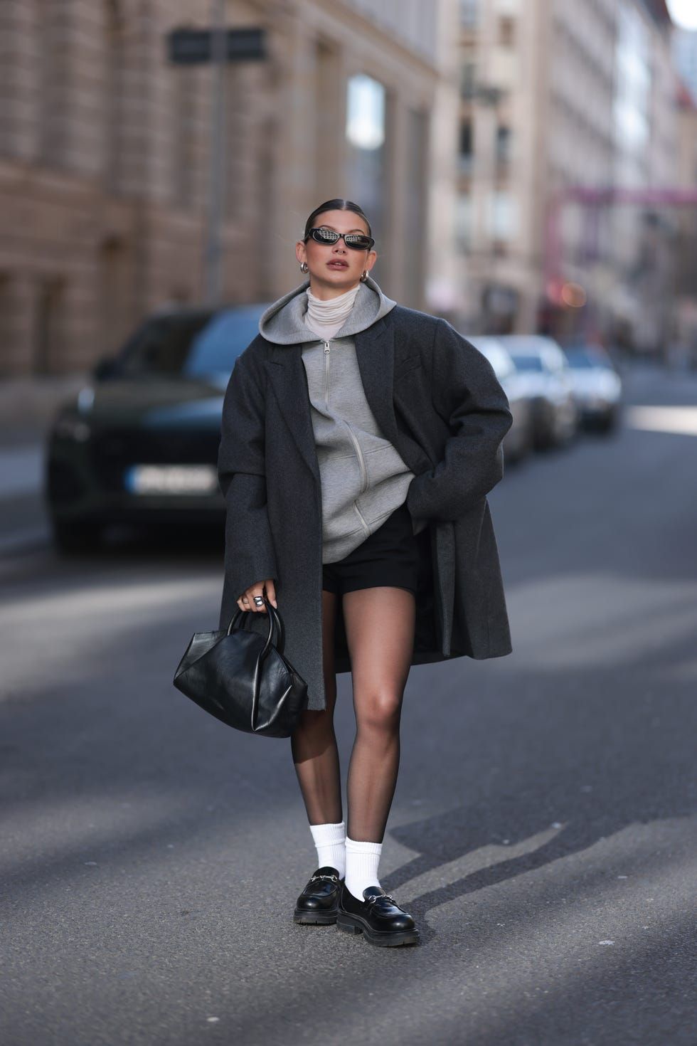 Layered Neutrals with Chunky Loafers and Black Shorts — Penny Loafers Outfits