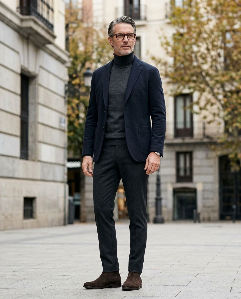 Navy Blazer with Charcoal Turtleneck and Trousers Navy Blazer with Charcoal Turtleneck and Trousers — Outfits for Men Over 50