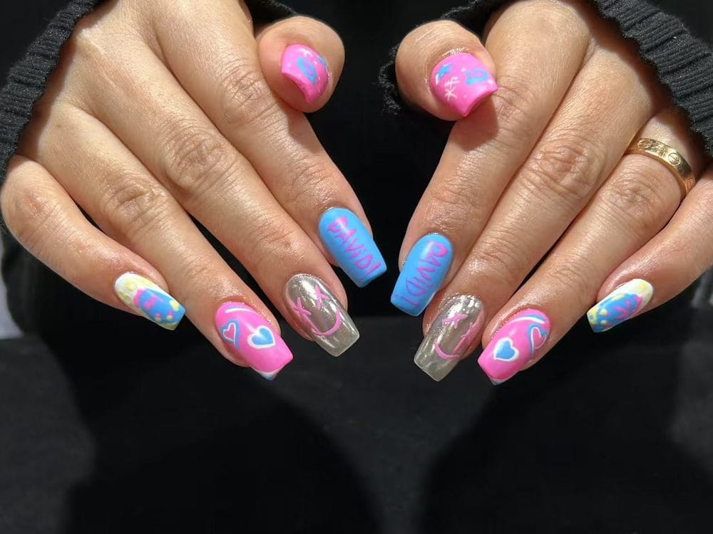 Playful Pink Blue French Tips Playful Pink Blue French Tips — Gender Reveal Nails