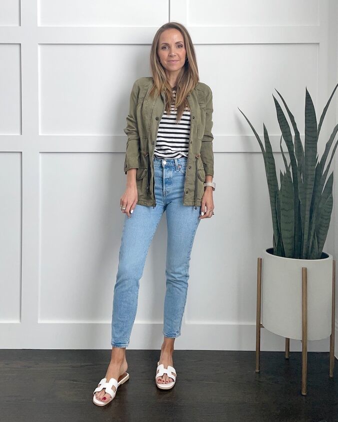 Utility Chic: Straight Leg Jeans with an Olive Jacket — Light Wash Jeans Outfits