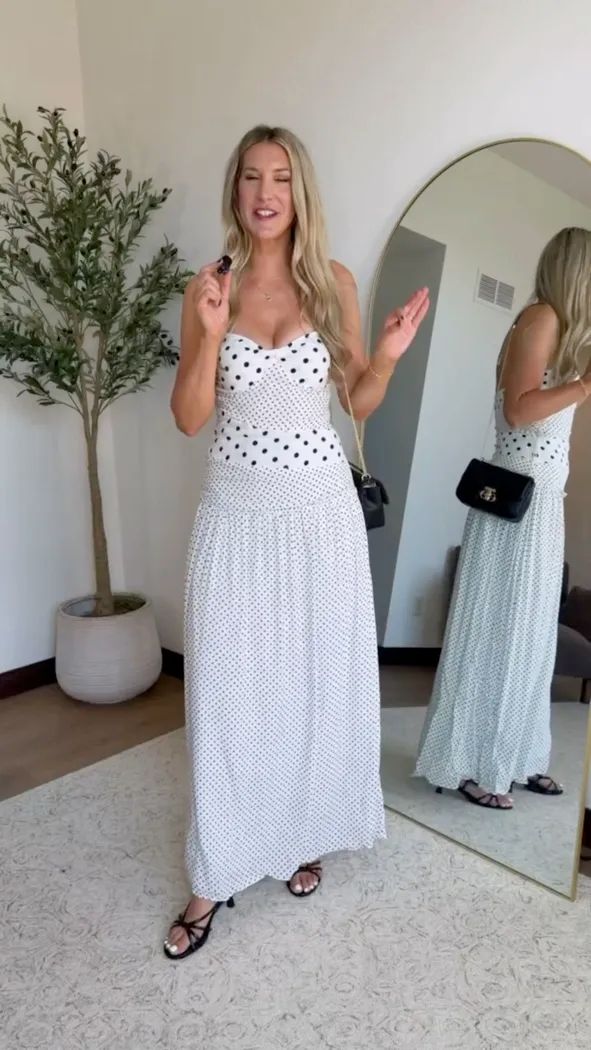 Black and White Polka Dot Strapless Maxi Dress: Proportional Design Black and White Polka Dot Strapless Maxi Dress: Proportional Design — Dresses for Tall Women