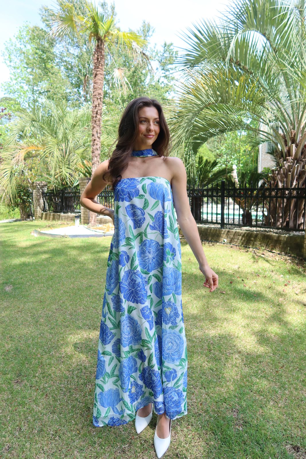 Blue Floral Maxi Dress with White Heels Blue Floral Maxi Dress with White Heels — Cape Cod Outfits