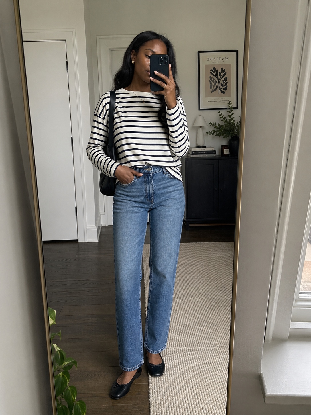 Everyday Essential: Medium Wash Jeans with Striped Top — Straight Leg Jeans