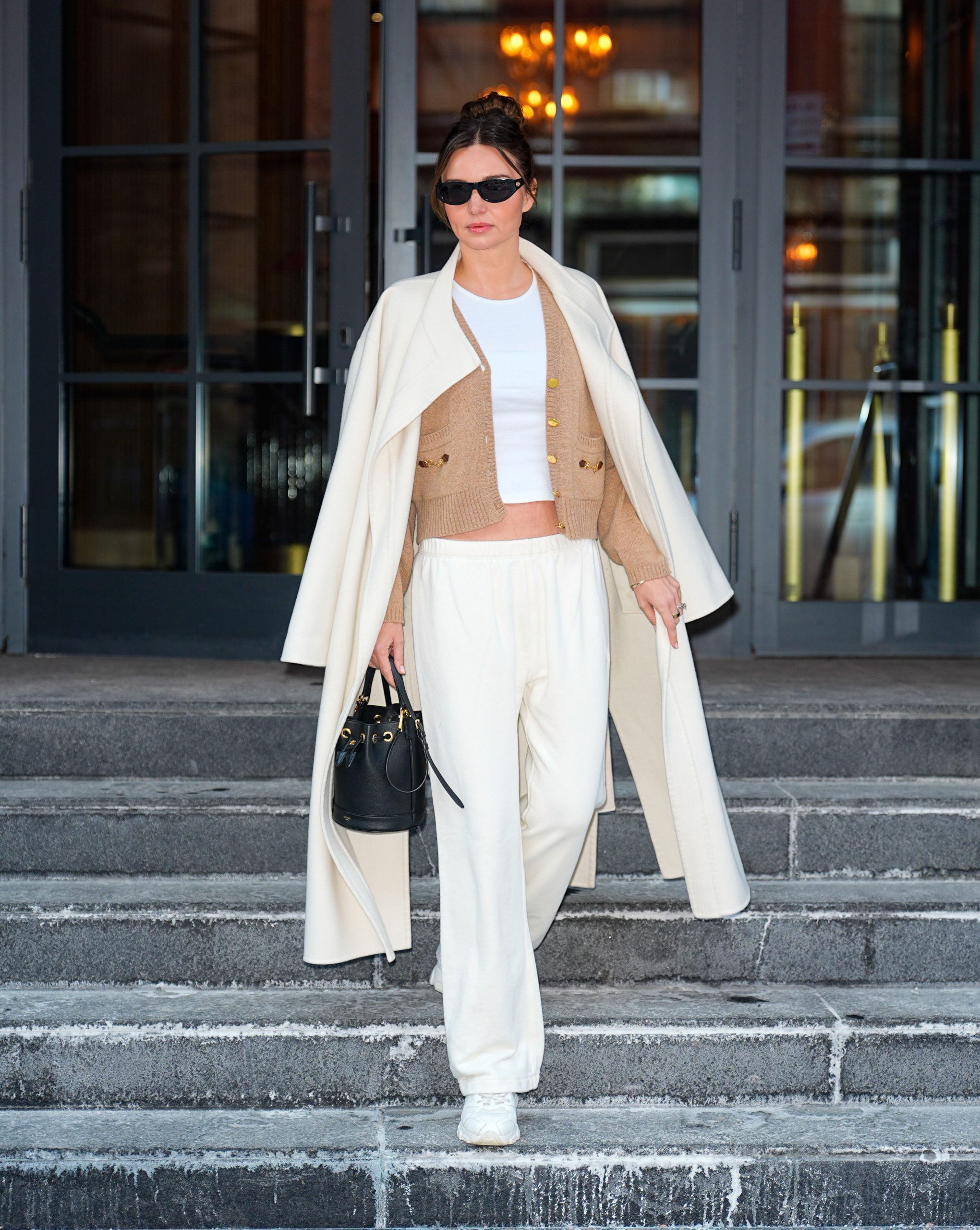 Sweatpants, Crop Top, and Oversized Coat with White Sneakers — White Sneakers Outfits