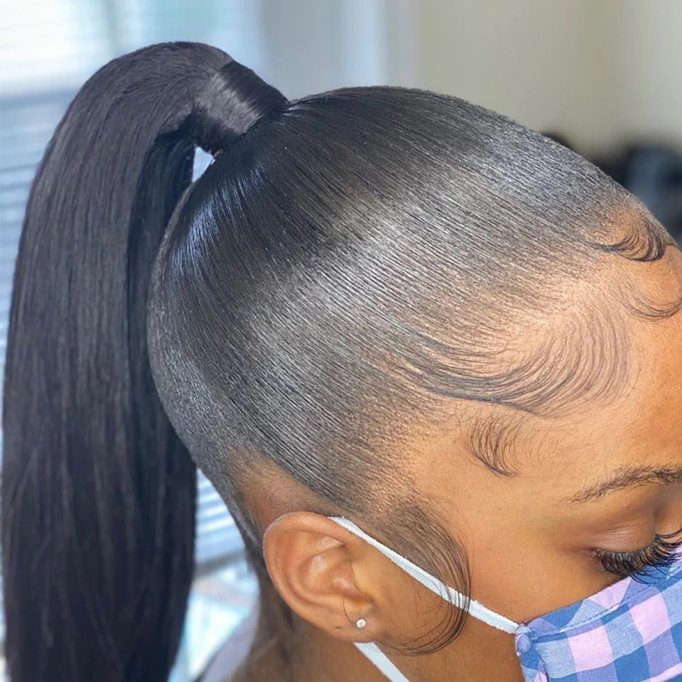Slicked Edges Mid-Back Black Ponytail — Wrap Around Ponytail