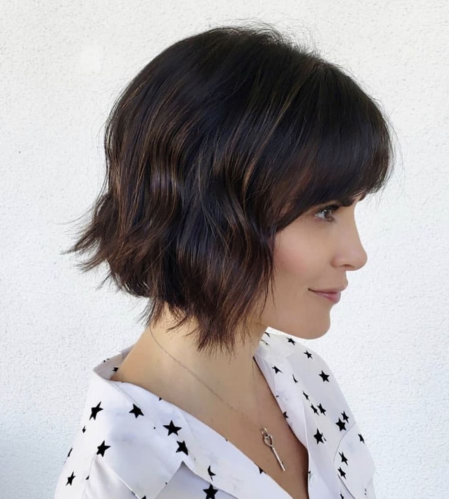 Dark Brown With Subtle Highlights Wavy Bob With Blunt Bangs Dark Brown With Subtle Highlights Wavy Bob With Blunt Bangs — Haircuts with Bangs
