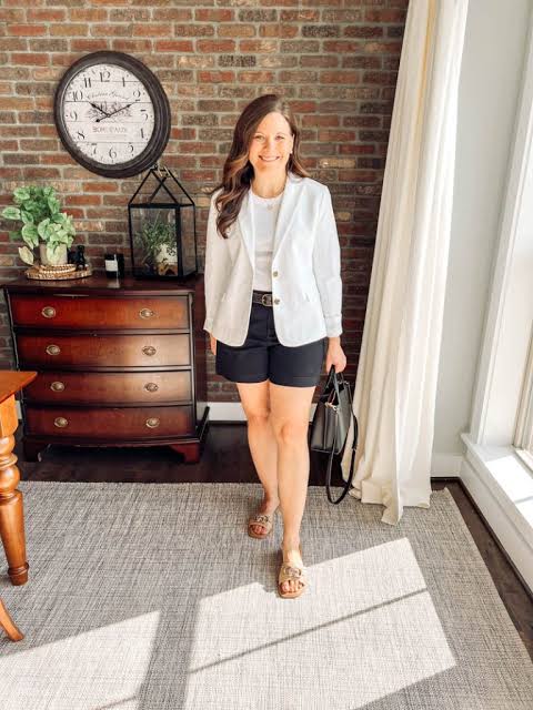 Effortless Summer Casual: White Blazer with Black Shorts — Black and White Outfits