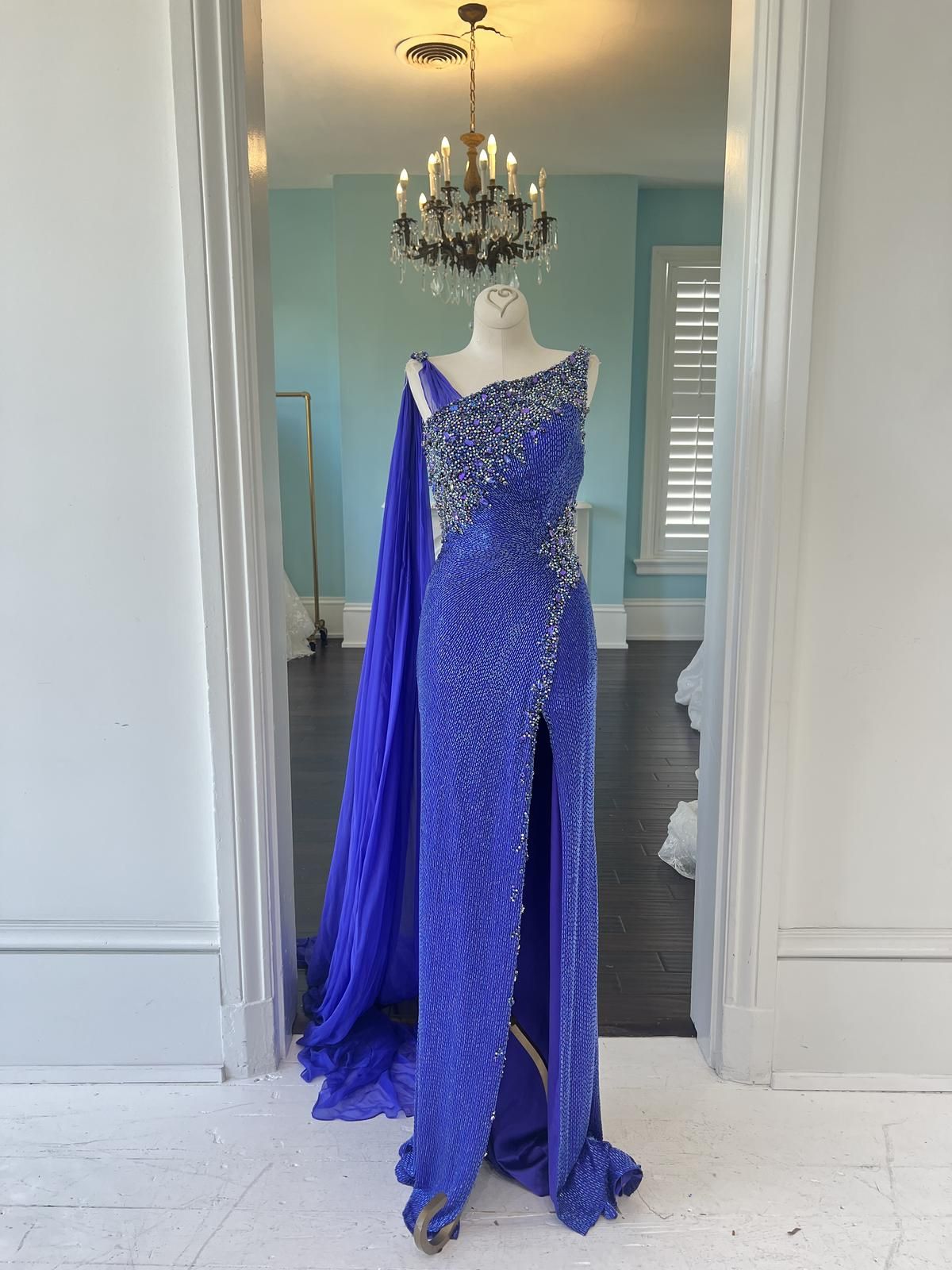 Royal Blue Beaded Gown with One-Shoulder Cape and High Slit Royal Blue Beaded Gown with One-Shoulder Cape and High Slit — Pageant Dresses