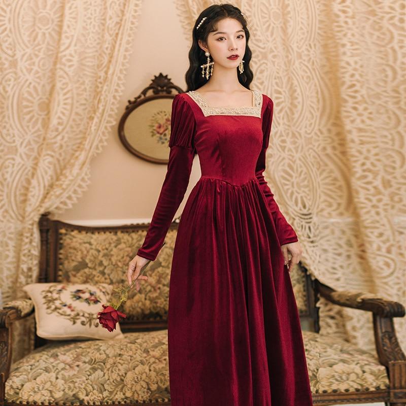 Deep Red Velvet Dress with Gold Square Neckline Trim — Princesscore Outfits