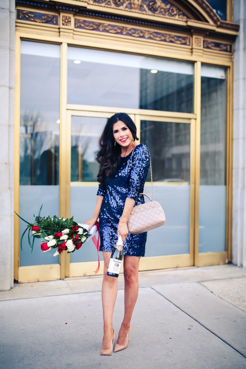Navy Sequin Mini Dress with Nude Heels Navy Sequin Mini Dress with Nude Heels — Sequin Dress Outfits