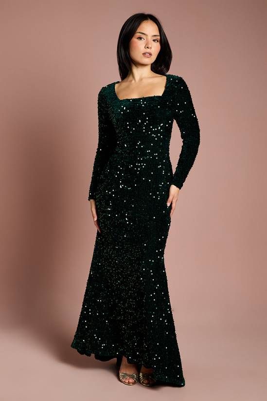 Emerald Green Sequin Velvet Dress for Evening Wear Square Neck Dresses