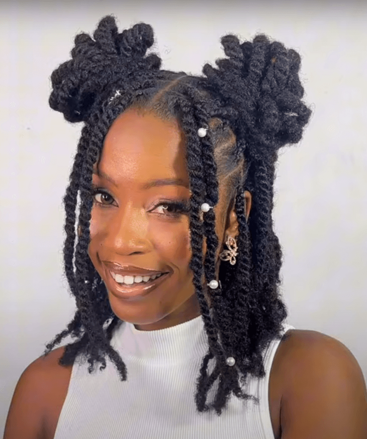 Coily Space Buns With Pearls Coily Space Buns With Pearls — Twist Hairstyles