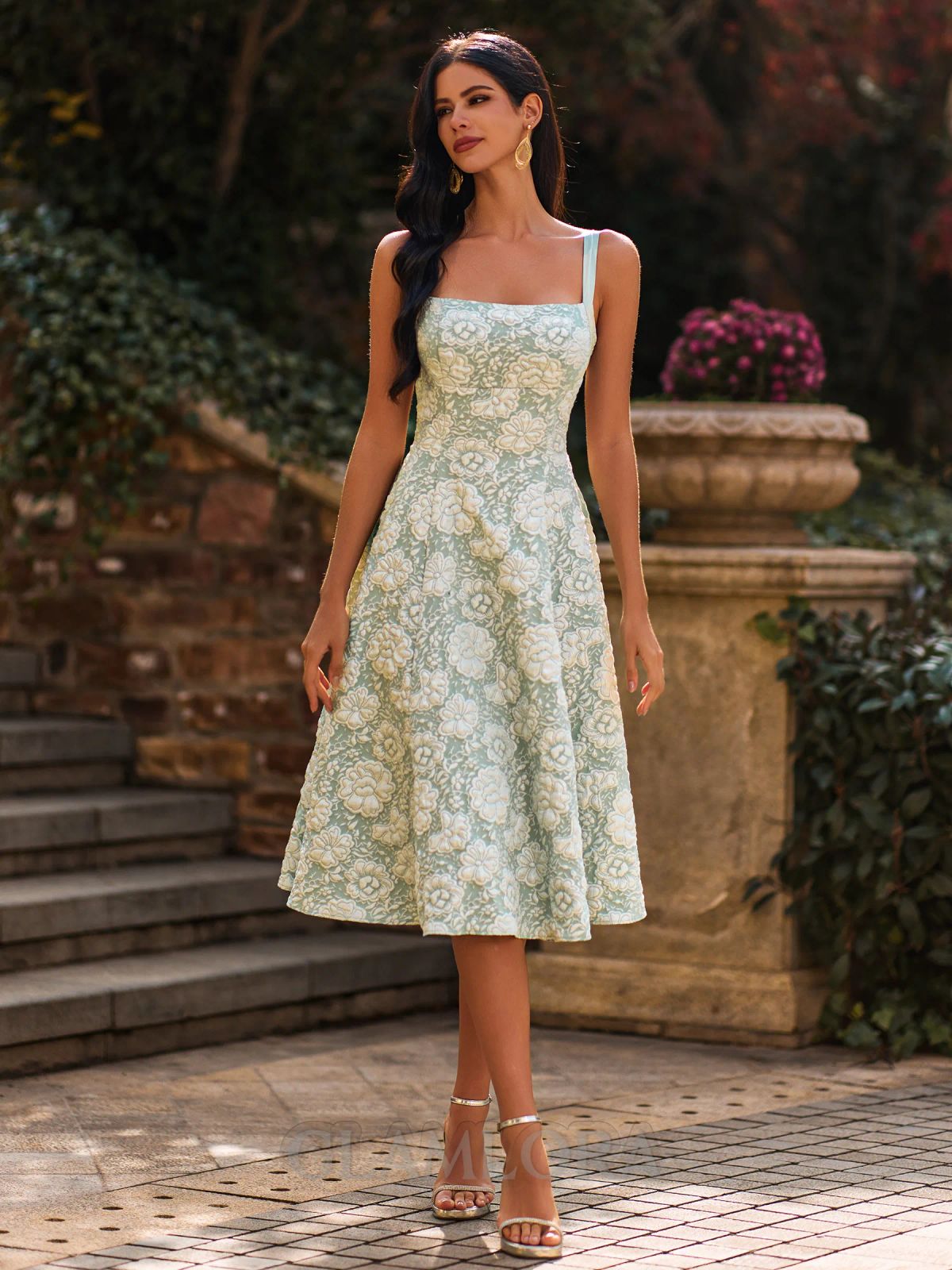 Mint Green Jacquard A-Line Midi Dress with Silver Heels Mint Green Jacquard A-Line Midi Dress with Silver Heels — Tea Length Dresses