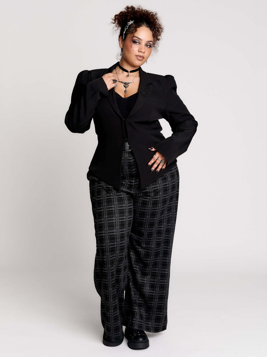 Plaid Wide-Leg Trousers with Blazer and Platform Boots for Polished Goth — Corporate Goth Outfits