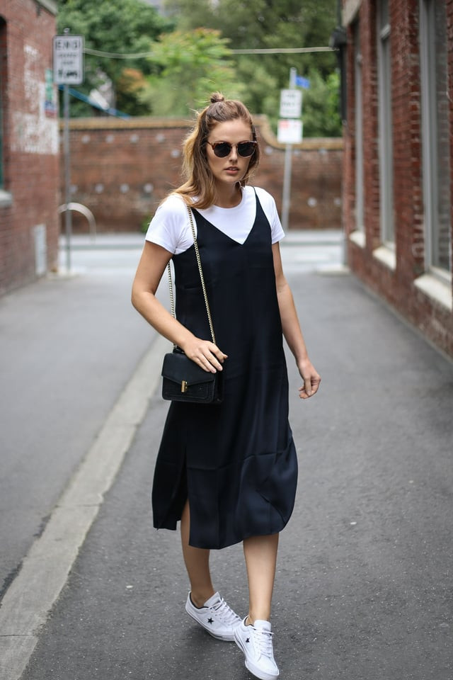 Classic Contrast: Black Slip Dress with White Tee and Sneakers Classic Contrast: Black Slip Dress with White Tee and Sneakers — Slip Dress Over T Shirt