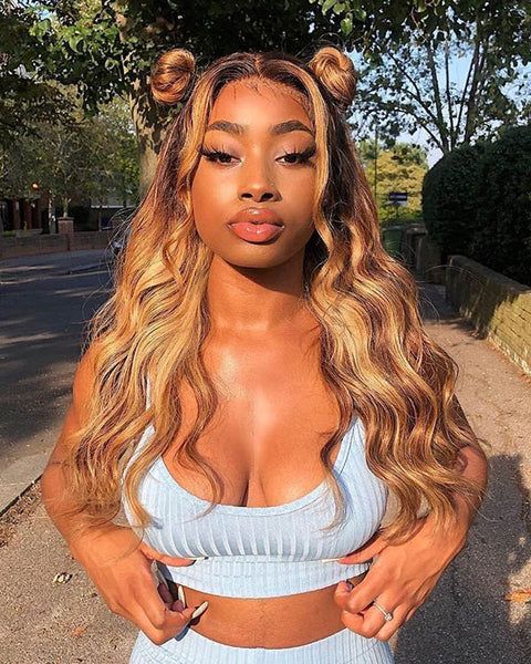 Shoulder Length Wavy With Curtain Bangs Shoulder Length Wavy With Curtain Bangs — Honey Blonde on Black Women