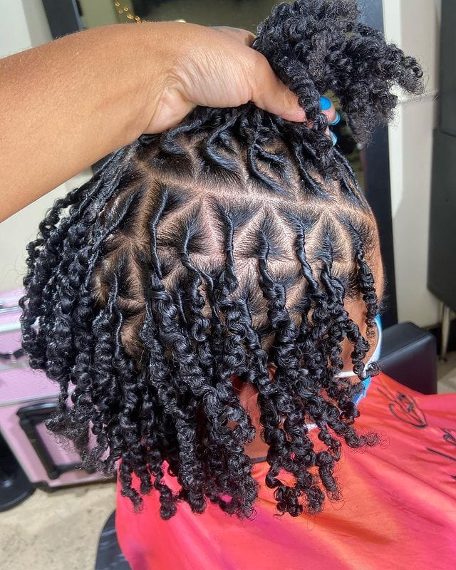 Geometric Scalp Design with Coily Ends — Two Strand Twists