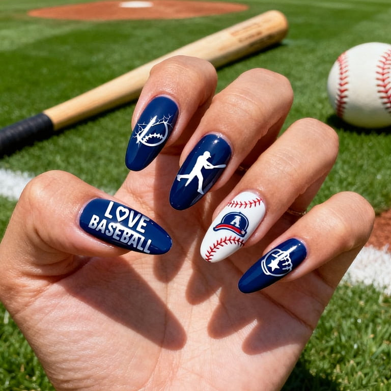 Navy Baseball Theme Oval Nails Navy Baseball Theme Oval Nails — Basketball Nails