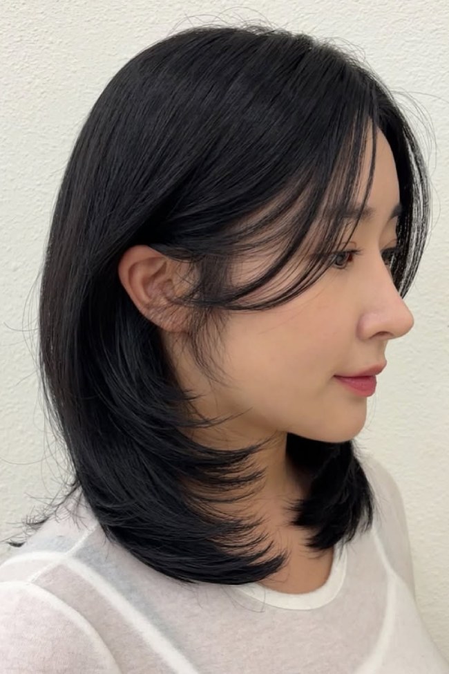 Straight Black Hair with White Cut-Out Top Straight Black Hair with White Cut-Out Top — Curtain Bangs
