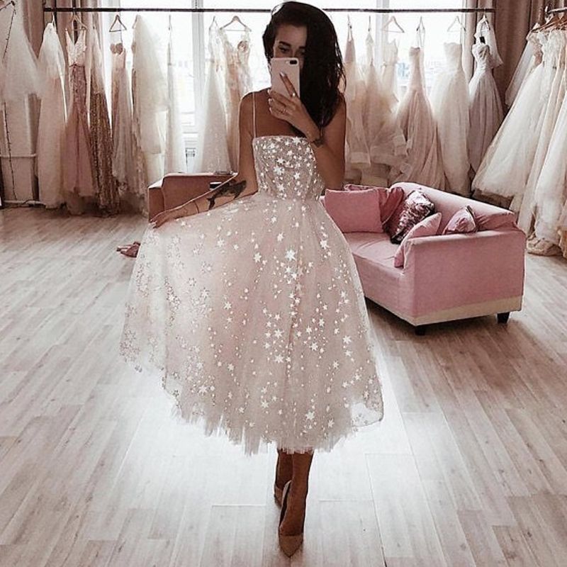 White Tulle Midi Dress with Glitter Star Pattern — Party Dresses
