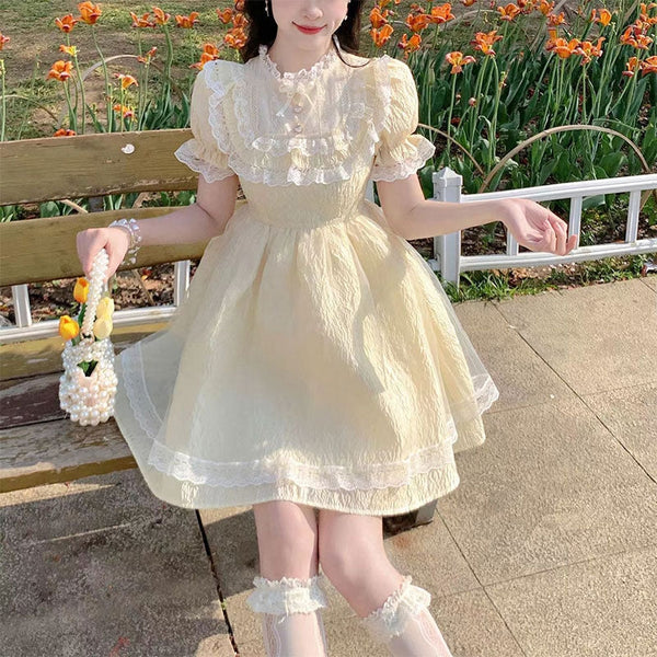 Pale Yellow Sweetheart Dress with Lace Trim — Angelcore Outfits