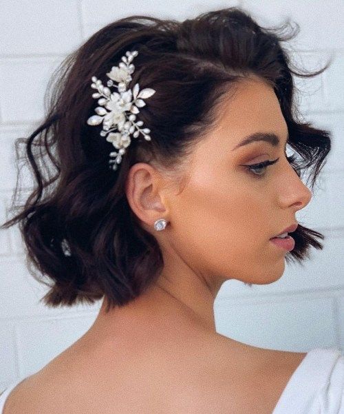 Dark Brown Bob With Ornate Accessory — Wedding Hairstyles for Short Hair