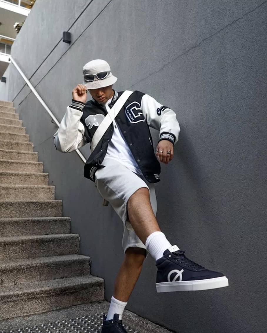Varsity Jacket with White Shorts — Mens Streetwear Outfits
