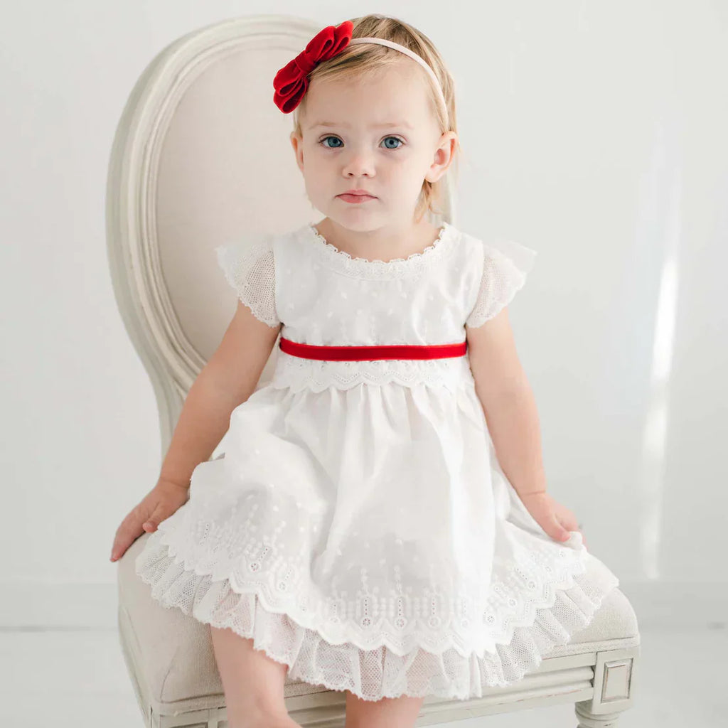 Elegant White Lace Dress with Red Velvet Accents Elegant White Lace Dress with Red Velvet Accents — Toddler Girl Outfits