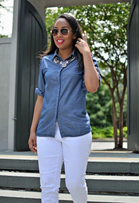 Casual City Exploration Denim Shirt with White Trousers and Statement Necklace Casual City Exploration Denim Shirt with White Trousers and Statement Necklace — Savannah Outfits