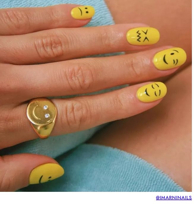 Yellow With Various Smiley Expressions — Smiley Face Nails