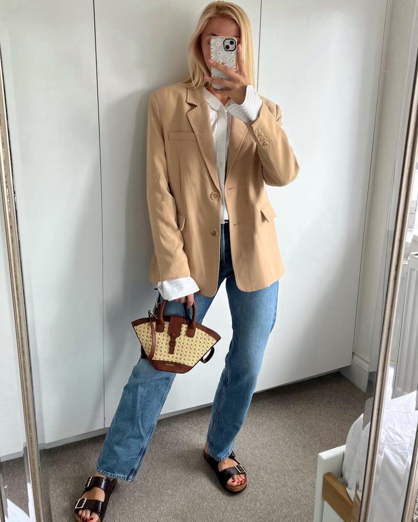 Smart Casual Ensemble: Beige Blazer, Striped Shirt, and Dark Birkenstocks Smart Casual Ensemble: Beige Blazer, Striped Shirt, and Dark Birkenstocks — Birkenstock Outfits