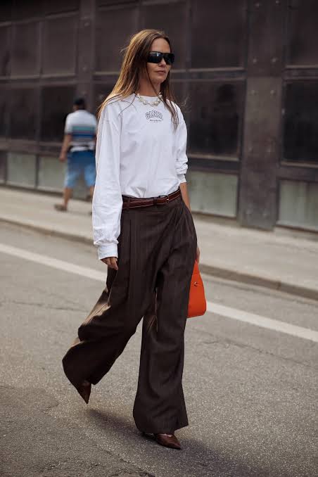 Pinstripe Wide Leg Pants with Pop of Orange — Wide Leg Pants Outfits