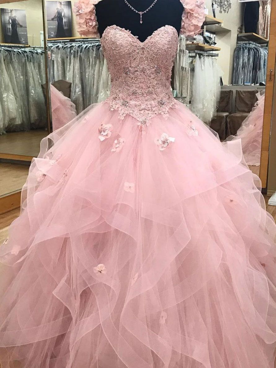 Pink Tiered Gown with Floral Embellishments and Tulle Skirt — Sweet 16 Dresses