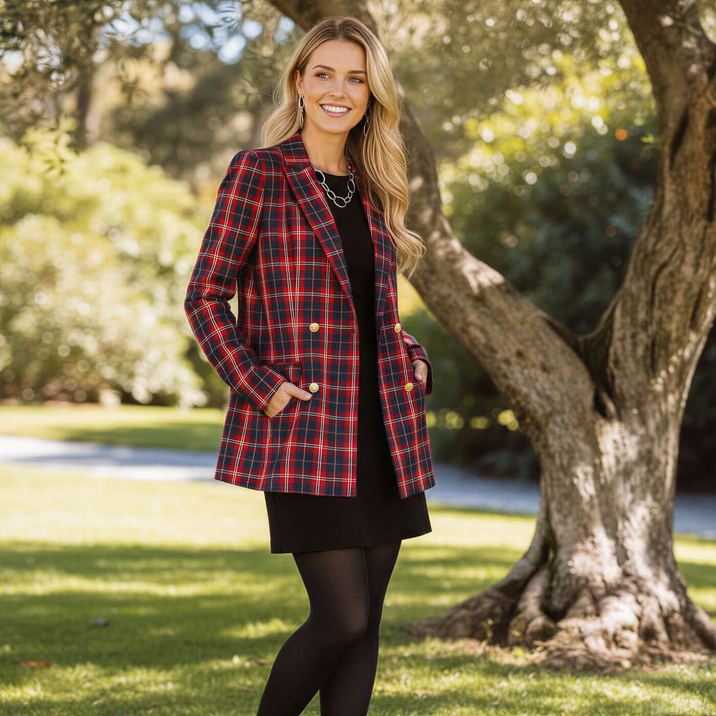 Professional Power Play: Plaid Blazer with a Black Dress Professional Power Play: Plaid Blazer with a Black Dress — Substitute Teacher Outfits