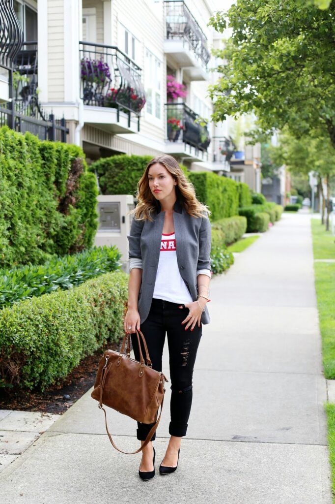 Polished Grey Blazer with Ripped Jeans — Vancouver Outfits