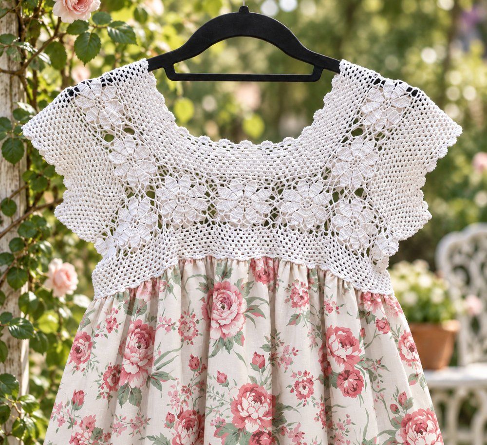 Crochet Lace Bodice Dress with Floral Print Skirt Crochet Lace Bodice Dress with Floral Print Skirt — Crochet Dresses