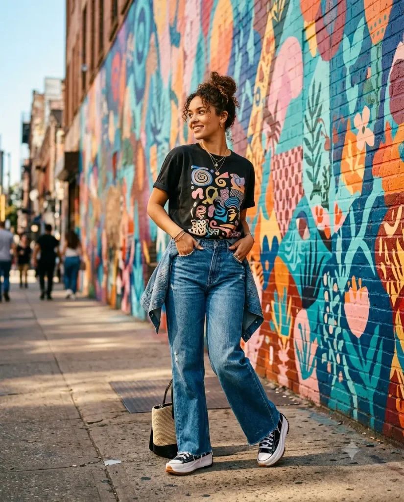 Graphic Tee, Denim Jacket, and Platform Sneakers for Casual Exploration — San Francisco Outfits